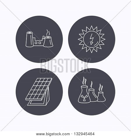 Solar collector energy, factory and industries icons. Solar energy linear signs. Flat icons in circle buttons on white background. Vector