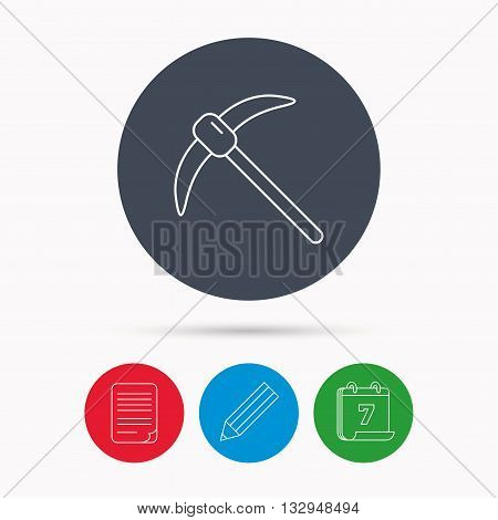 Mining tool icon. Pickaxe equipment sign. Minerals industry symbol. Calendar, pencil or edit and document file signs. Vector