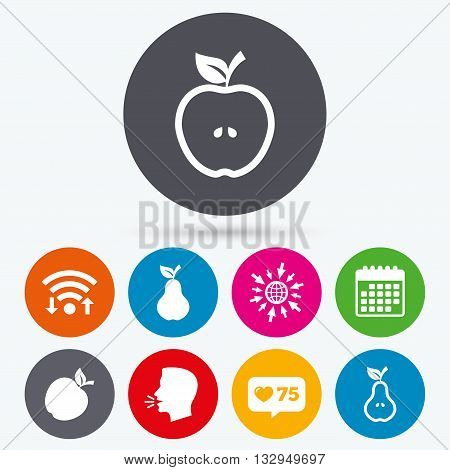 Wifi, like counter and calendar icons. Fruits with leaf icons. Apple and Pear with seeds signs. Natural food symbol. Human talk, go to web.
