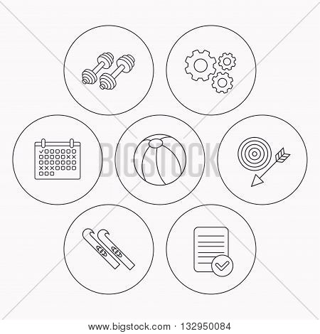 Sport fitness, swimming ball and skis icons. Target with arrow linear sign. Check file, calendar and cogwheel icons. Vector