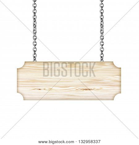 Wooden sign hanging on a chain isolated on white background