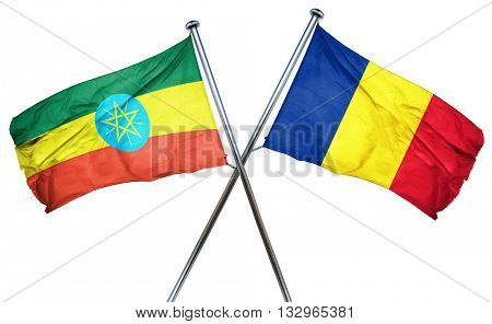 Ethiopia flag with Romania flag, 3D rendering