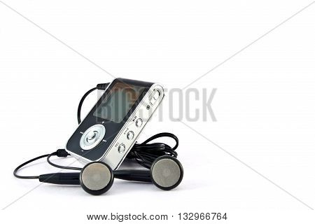 mp3 player and headphones isolated on white background