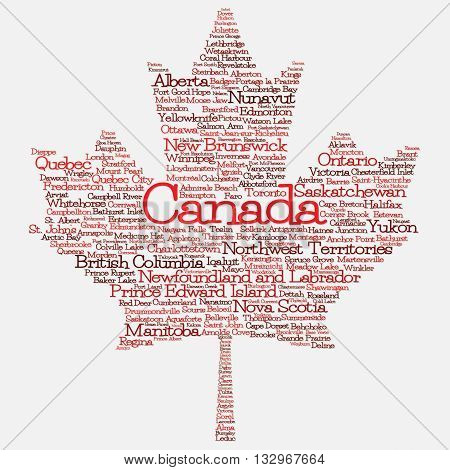 Maple Leaf Mad Of Cities And States Of Canada In Vector Format. Can You Find Your Hometown?