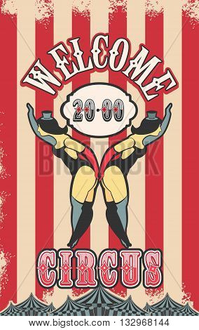 Vector illustration of vintage circus posters on striped background with space for text decorated with circus tents and two circus artistes in suits