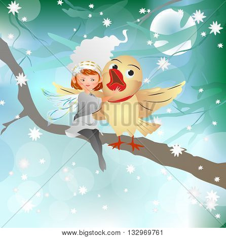 composition of nixie who sits with a bird on a tree branch