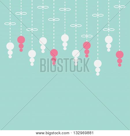 Hanging pink and white pearl gem. Dash line with bow. Cute decoraion. Love card. Blue background. Flat design. Vector illustration