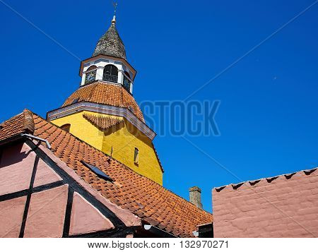 Classical old bell tower landmark of the old city Faaborg Funnen Denmark