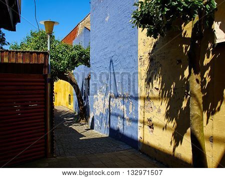 Typical small beautiful street with old traditional Danish style houses Faaborg Denmark