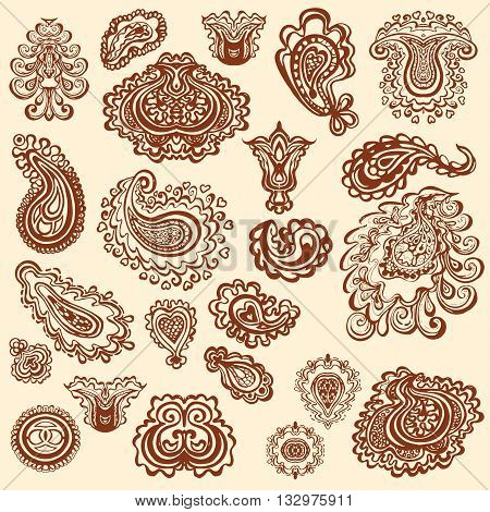 Vector Set of henna floral elements based on traditional Asian ornaments. Paisley Mehndi Tattoo Doodles collection
