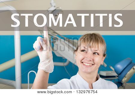 technology, internet and networking in medicine concept - medical doctor presses stomatitis button on virtual screens. Internet technologies in medicine.