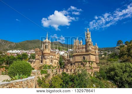 Pannoramic view of famous Castillo de Colomares is a monument similar to a fairytale castle, dedicated to Christopher Columbus. Benalmadena, near Malaga in Andalusia, Spain.