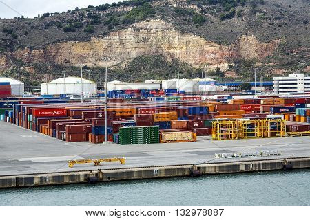 Barcelona Spain - September 26 2015: A container ships are standing in Barcelona port. It is Catalonia's largest port with a trade volume of 2.57 million TEU's.