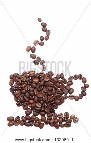 Coffe seeds make shape like a cup isoliated on white background