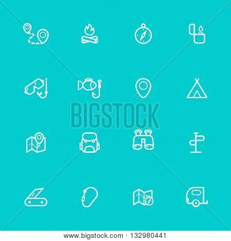 Travel white line icons set of 16