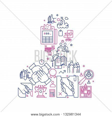 Vector business illustration with icons and signs in linear style components of the business man on white background poster or banner template