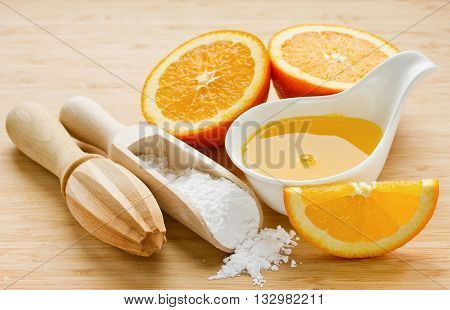 Components for preparation sugar orange syrup homemade confectionery cooking selective focus