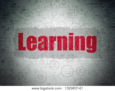 Education concept: Painted red text Learning on Digital Data Paper background with  Scheme Of Hand Drawn Education Icons