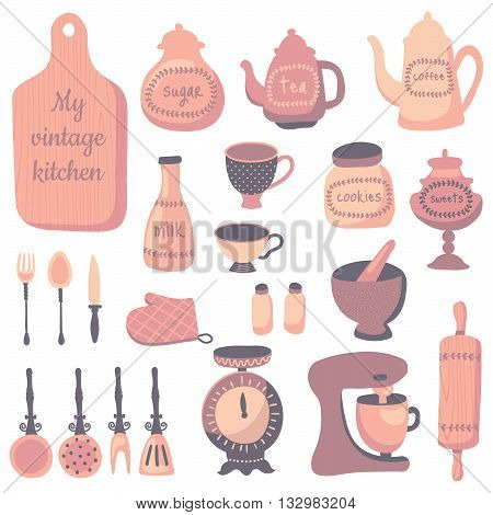 vector set of kitchen utensils in vintage style soft color palette isolated background
