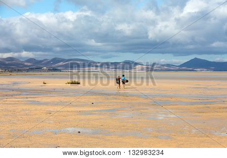 Kitesurfers On Beach Playa De Sotavento Canary Island Fuerteventura Spain