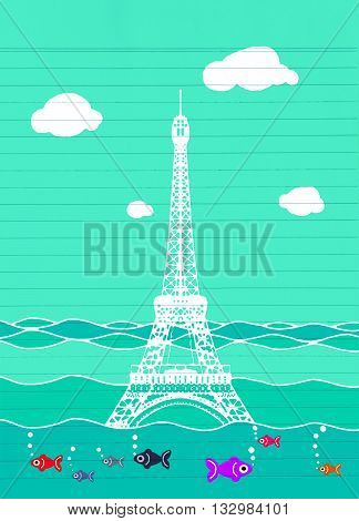 Eiffel Tower Flood. France Attraction Underwater.disaster In Paris France