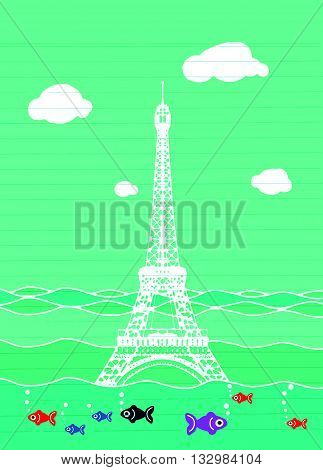 Eiffel Tower Flood. France Attraction Underwater.disaster In Paris France