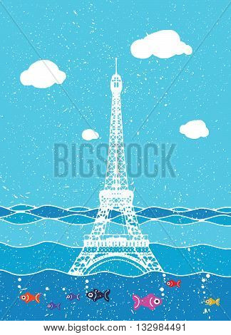 Eiffel Tower Flood. France Attraction Underwater.disaster In Paris France