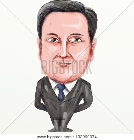 JUNE 5, 2016: Caricature illustration of David William Donald Cameron English politician and Prime Minister of the United Kingdom leader of the Conservative Party and British Member of Parliament (MP) standing viewed from front on isolated background done
