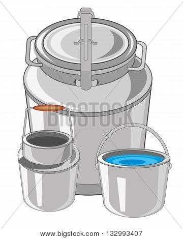 Flask with can and pail on white background is insulated