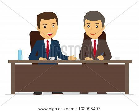 Happy businessman signs contract. Two businessmen sitting at the table, smiling and speaking. Vector illustration
