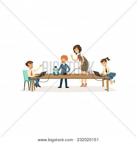 Pupils Studying Programming And Robotics, Informatics Lesson At School Vector Illustration Isolated 