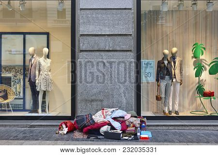 Homeless In The City. Urban Loneliness. Misfortune Unemployment. Charity