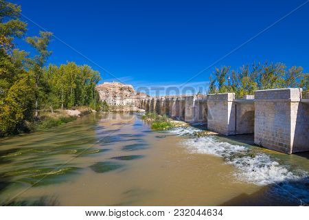 Water River Duero, Medieval Bridge And Scenery Of San Esteban De Gormaz Town, Landmark And Monumenta