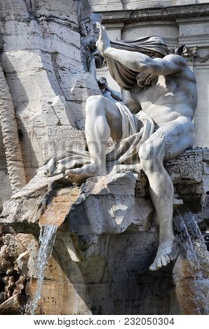 Public Fountain Statue In Piazza Navona, Rome