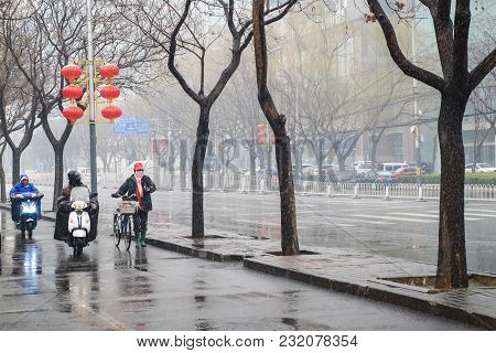 Beijing, China - March 17, 2018 Rare Snowy Day In Chaoyang District, Beijing, China Since Last Winte