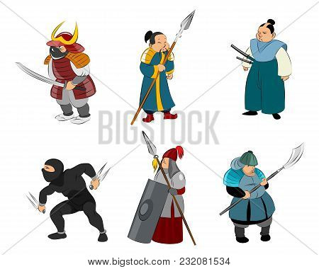 Vector Illustration Of Set Of Samurai And Ninja
