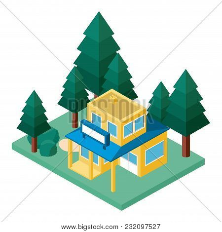Mini Tree And Store Building Isometric Vector Illustration Design
