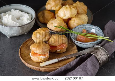 Salmon And Creamcheese Puffs .  Holiday Snack Catering. Profiteroles Or Canape.