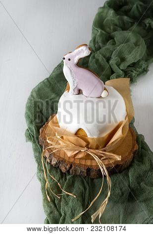 Spring Holiday Easter, Cake With Cream, Animals From Mastic. Light Background. Easterrabbit