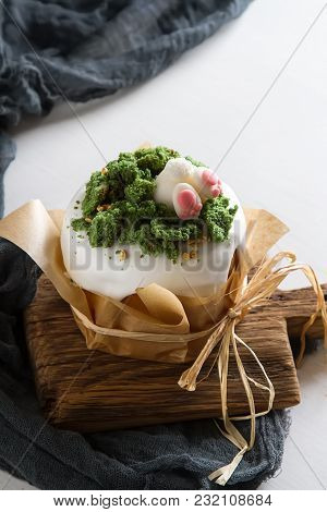 Spring Holiday Easter, Cake With Cream, Animals From Mastic. Light Background. Easterrabbit