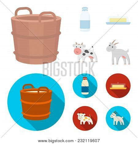 A Barrel Of Milk, Butter, A Cow. Milk Set Collection Icons In Cartoon, Flat Style Vector Symbol Stoc