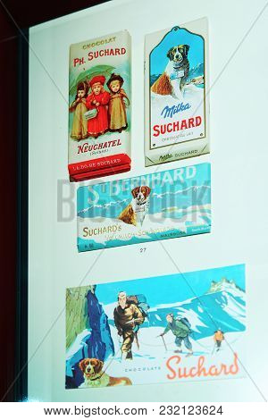 Martigny, Switzerland -  January 1, 2015: Chocolates Wrappers With Saint Bernard Dogs, In Martigny M