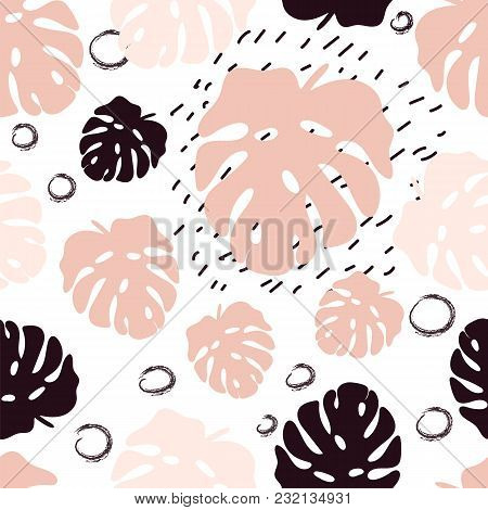 Seamless Pattern Of Monstera Tropical Leaves With Hand Drawn Brush Strokes. Colorful Summer Floral F
