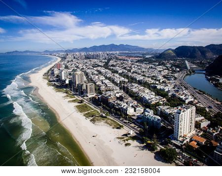Aerial View Of Barra Da Tijuca Beach On A Sunny Day, Taken With Drone. Rio Da Janeiro, Brazil