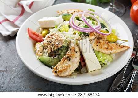 Grilled Chicken Salad With Fresh Vegetables And Feta Cheese