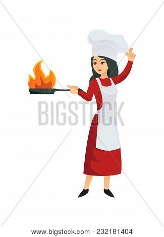 Woman Chef In Apron Standing With Frying Pan And Doing Flambe Isolated On White.