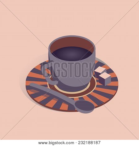 Vector Illustration With 3d Coffee Cup With Pieces Of Sugar In Isometric Flat Style On Pink Backgrou