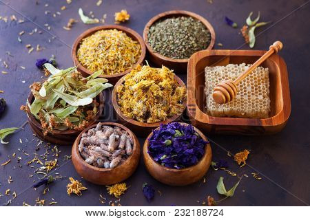natural alternative herbal medicine with dried herbs and flowers - alternative medicine