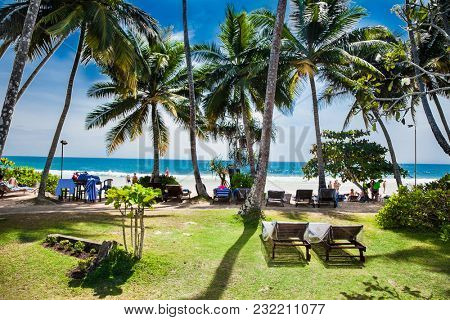 MIRISSA, SRI LANKA-JAN 2, 2017: People into a hotel pool near the Mirissa beach on Jan 2, 2017. Sri Lanka. 