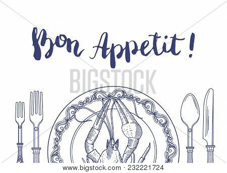 Vector Background With Place For Text And Hand Drawn Tableware With Lobster On Plate Illustration